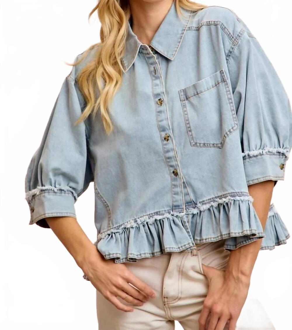 NEW BIBI ruffled hem button up top in light wash denim